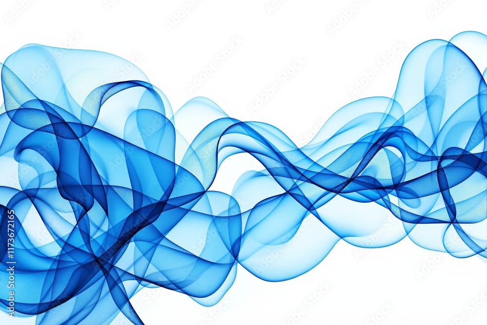 Poster abstract blue flowing wave pattern on white background.