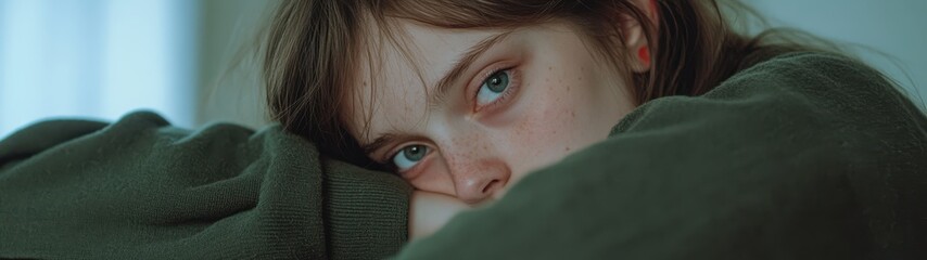Youthful gaze with contemplative expression, soft natural light, relaxed posture, cozy setting, tranquil mood.