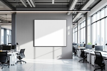Blank whiteboard in modern office against sunlight with ergonomic desks and chairs.