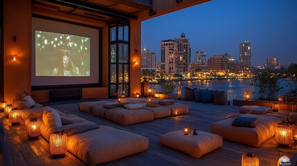 Outdoor Cinema Night with Urban Skyline and Lanterns