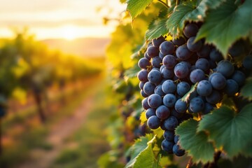 Fototapeta premium Close-up of ripe grapes on a vine in a sunlit vineyard with blurred background.