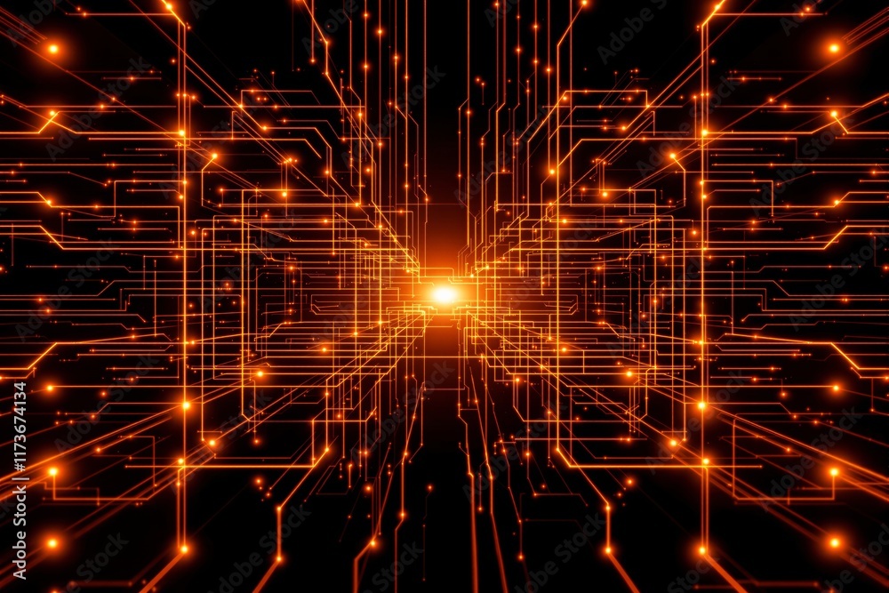 Poster abstract glowing orange circuit lines stretching into the distance, forming a futuristic tunnel on a