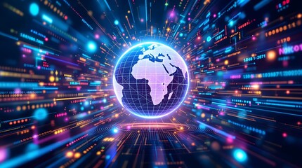 Global Digital Data Network with Colorful Connections and Earth Globe