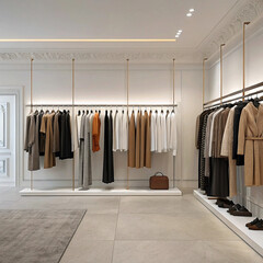 Modern minimalist clothing boutique interior with neutral colored apparel on display.