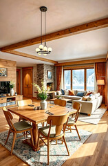 Interior design of the living room, a Chalet-style dining table and chairs