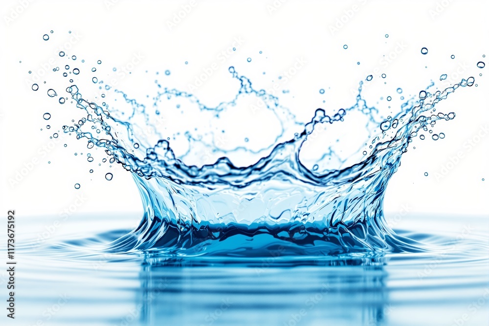 Poster close-up of a water splash on a white background, showcasing dynamic motion and clarity.