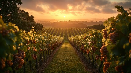 Naklejka premium Sunrise Over Vineyard Rows in Early Harvest Season