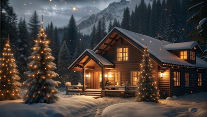 Fototapeta premium Cozy wooden cabin in winter forest, beautifully decorated with Christmas lights and snow