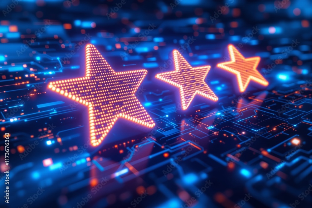 Poster glowing digital stars on futuristic circuit board background, representing technology and ratings co