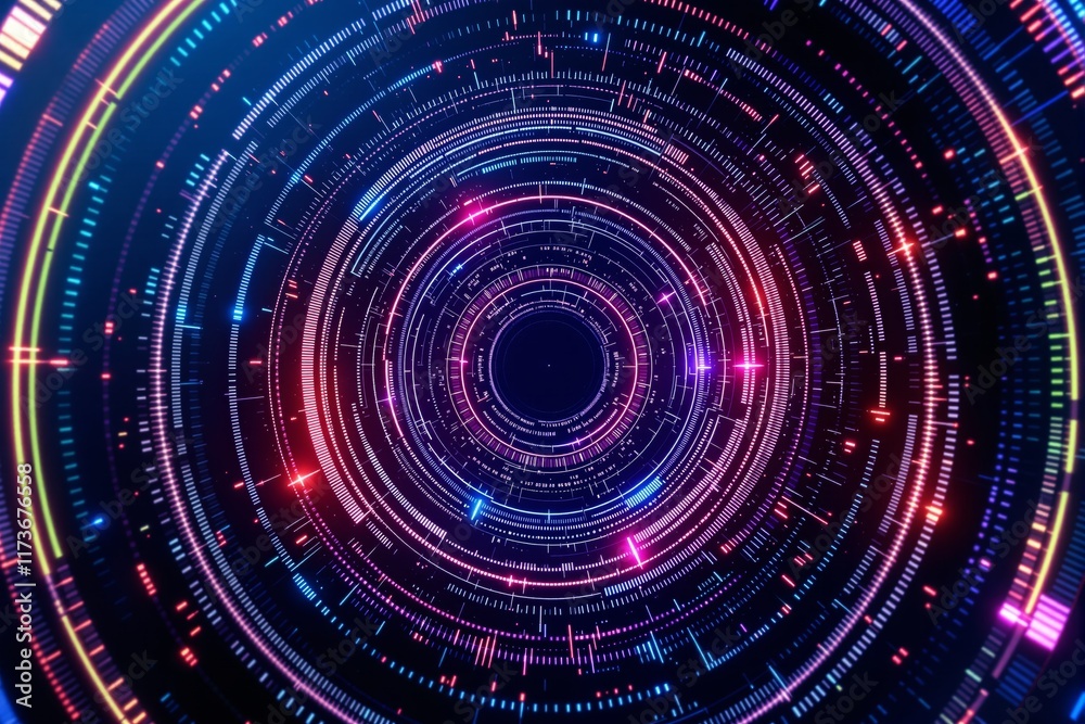 Poster futuristic circular digital interface with vibrant neon lights on dark background.