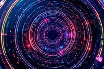 Futuristic circular digital interface with vibrant neon lights on dark background.