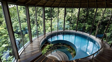 Round Indoor Pool in Forest with Glass Walls and Spiral Stairs