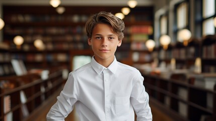 The charm of learning: The boy in the white shirt becomes the main actor of the photo shoot in the library. The professional look and naturalness make this shot special