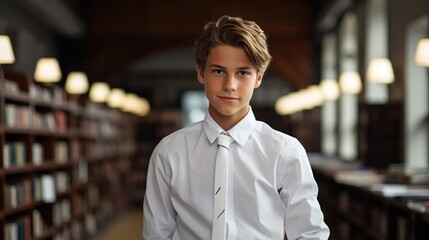 The charm of learning: The boy in the white shirt becomes the main actor of the photo shoot in the library. The professional look and naturalness make this shot special