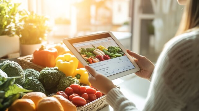 Woman is making online supermarket grocery shopping using digital tablet at home, buying fresh vegetables and fruits from e commerce web store, ordering healthy food delivery