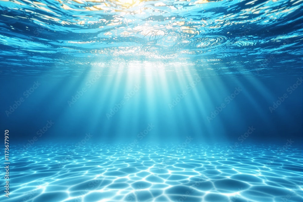 Poster sunlight rays penetrating through the calm ocean water, creating a serene and tranquil underwater sc