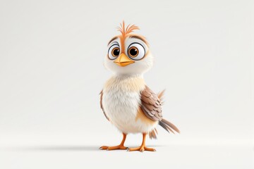 Obraz premium Cartoonish small bird with detailed feathers and large eyes on white background.