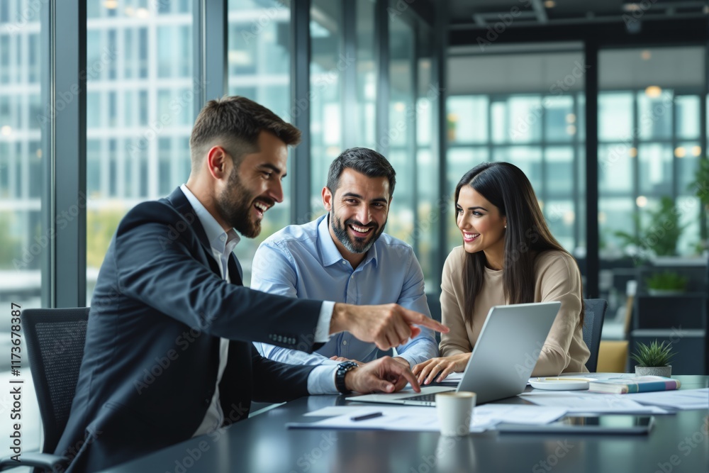 Aufkleber group of smiling professionals collaborating in a modern office setting.
