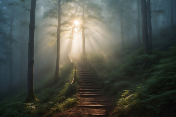 An enigmatic scene of a solitary staircase emerging from the mist in a dense forest.