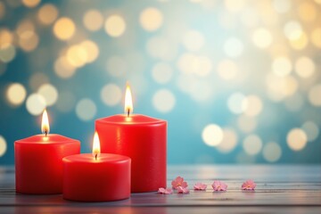 Red candles with pink flowers on wooden surface and blurred bokeh light background.