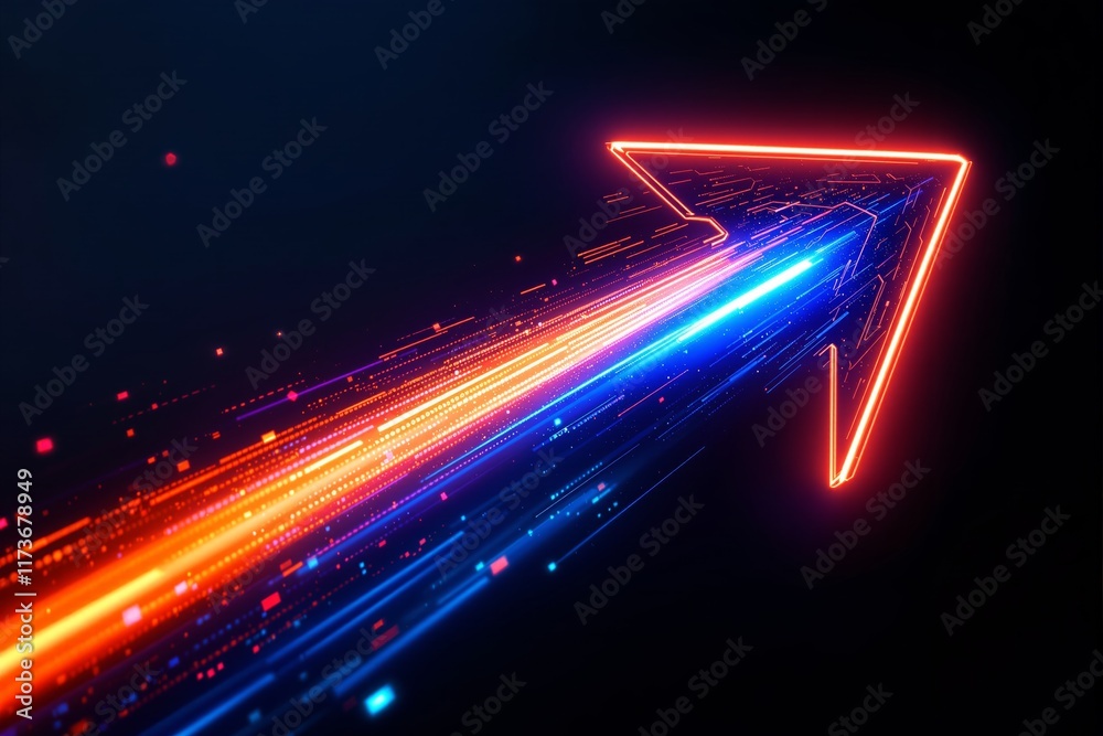 Poster abstract glowing arrow with vibrant light streaks on a dark background.