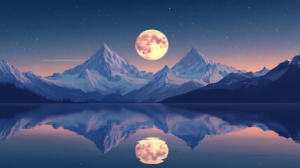 Symmetrical snow capped peaks at sunset and moonrise. Moonrise. Illustration