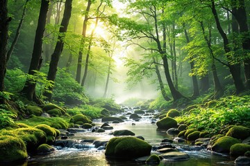 Obraz premium Serene forest stream with sunlight piercing through lush green trees.