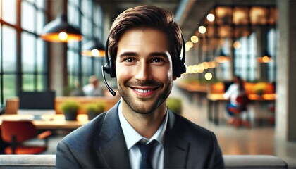 Professional customer support representative smiling warmly in a modern office setting