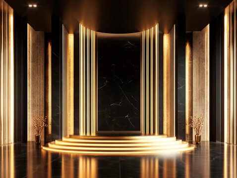 Image shows a luxurious, contemporary lobby with dark tile floor, golden lighting, black marble walls, circular area rug, metallic partitions, and no visible text or people - Generative AI