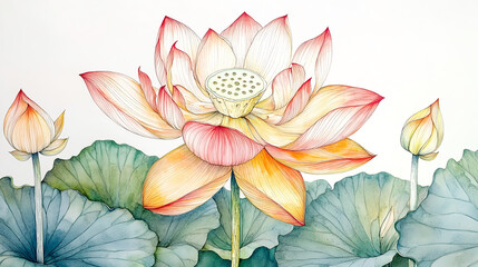 A delicate watercolor illustration of blooming lotus flowers surrounded by green leaves, showcasing vibrant colors and intricate details.