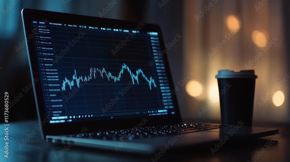 Poster open laptop displaying a declining stock market chart, placed on a desk next to a coffee cup, illumi