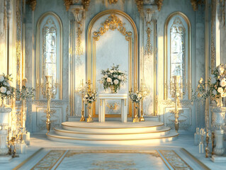Obraz premium A grand, ornate church interior featuring a gilded chancel, marble surfaces, and an elaborate throne-like chair The setting suggests a religious service or special event, with flo - Generative AI