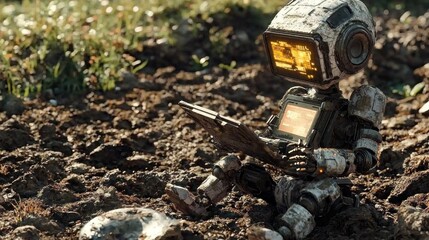 Fototapeta premium Rusty Robot's Peaceful Reading Session in a Post-Apocalyptic Landscape