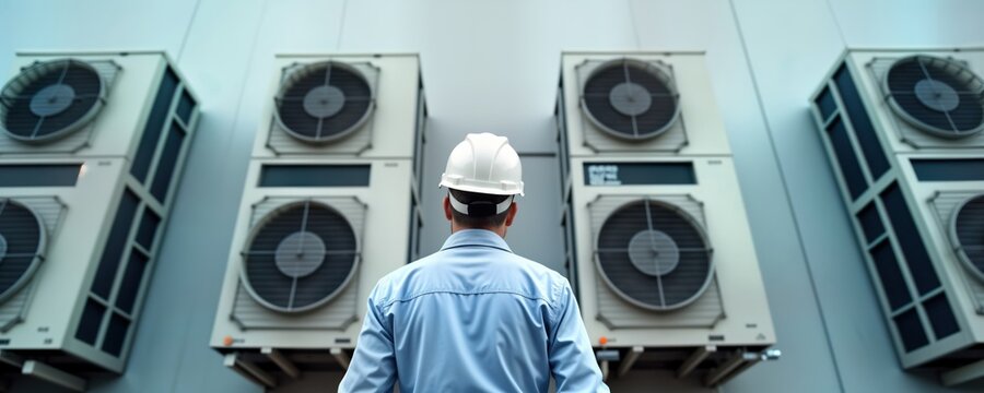 HVAC tech inspects large commercial AC units outdoors. Expert checks equipment for routine maintenance. Professional assesses system performance. Focused on maintaining AC units in excellent