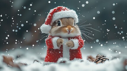Adorable Bunny in Santa Costume with Snowflakes - Celebrating Holiday Cheer in a Winter Wonderland