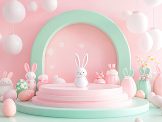 A vibrant Easter scene with a pink light blue arch, topped by a bunny statue Surrounded by colorful stuffed rabbits, Easter eggs, and baskets of eggs Whimsical style, symbolizi - Generative AI