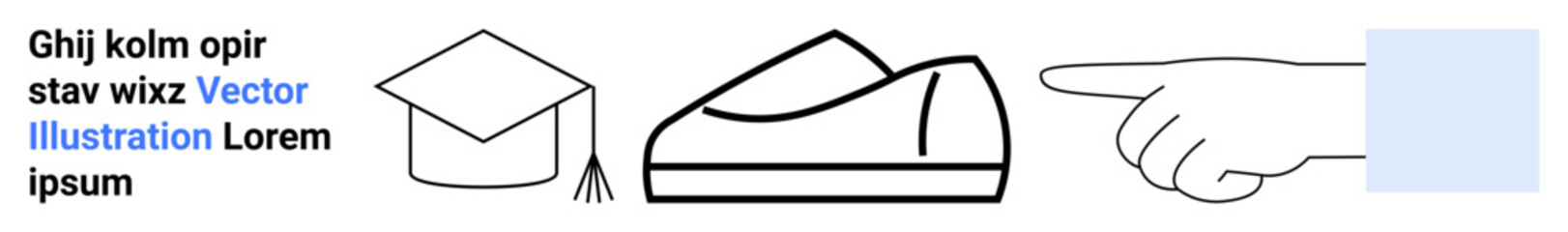 Graduation cap with tassel, sneaker with laces, and hand pointing right. Ideal for education, fashion, guidance, direction, achievement, celebration, and learning themes. Landing page