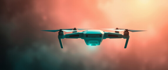 Modern drone flying with rotating blades in a colorful sky