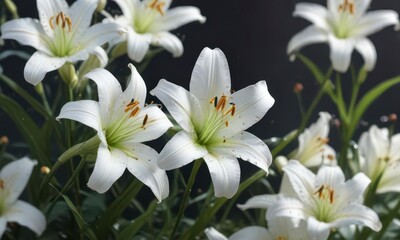 Fototapeta premium A delicate white lily surrounded by tiny ladybugs, in a serene and peaceful atmosphere , white lilies, garden