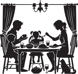 Fototapeta premium child eating dinner with family at the table silhouette vector illustration