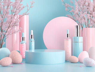 Image of a pastel-colored cosmetic collection on light blue and pink surface, featuring bottles with silver caps, lipsticks, eyeshadows, highlighters, and speckled eggs - Generative AI