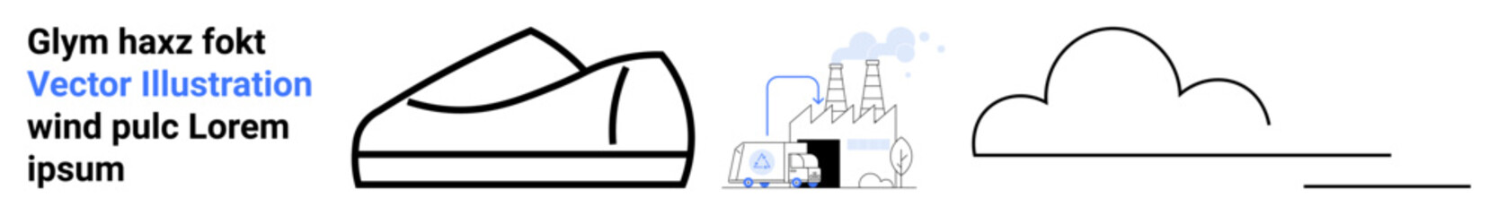 Shoe, industrial buildings with wind turbines, cloud. Ideal for sustainability, eco-friendly, energy efficiency, clean energy, green technology, transportation, environmental awareness. Landing page