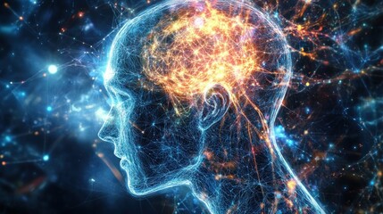 Abstract human head with glowing brain, neural network, energy, and connections.