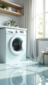 Leaky washing machine flooded the floor with water. Broken washing machine, leak causing damage, flooding problem
