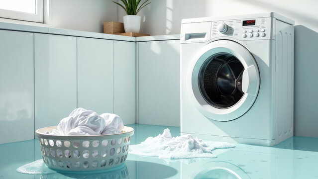 Leaky washing machine flooded the floor with water. Broken washing machine, leak causing damage, flooding problem. Picture with space for text