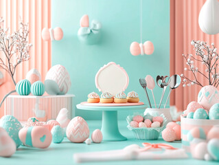 A vibrant Easter celebration scene on a green-clothed table with a mirror, cupcakes, Easter eggs pastel-colored and varied, cakes, utensils, and no visible action - Generative AI