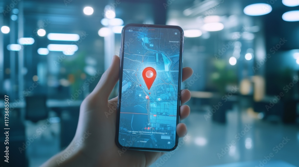 Poster hand holding smartphone displaying gps navigation app with location pin, showcasing modern technolog