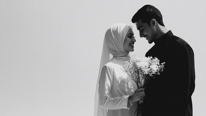 Happy Muslim couple in love, holding flowers.