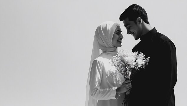 Happy Muslim couple in love, holding flowers.