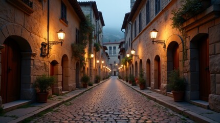 Fototapeta premium Serene evening in a picturesque european cobblestone street